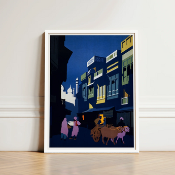 Framed Art Print Stylized Nighttime Street Scene Buildings Visit India 1920s, Indian Evening Exhales, Cobalt Moon