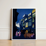 Framed Illustration Stylized Nighttime Street Scene Buildings Deep Visit India 1920s, Indian Evening Exhales, Cobalt Moon
