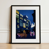 A Street by Moonlight - Visit India 1920s Art Print / Canvas Black-framed Art Print Stylized Nighttime Street Scene Vibrant Visit India
