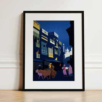A Street by Moonlight - Visit India 1920s Art Print / Canvas Black-framed Art Print Stylized Nighttime Street Scene Vibrant Visit India