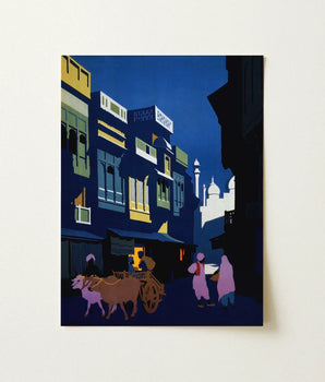Stylized Night Street Scene Painting Vibrant Blue Yellow Visit India 1920s, Indian Evening Exhales, Cobalt Moon