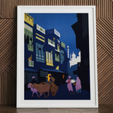 A Street by Moonlight - Visit India 1920s Art Print / Canvas White Framed Poster Colorful Street Scene Illustration Visit India 1920s,