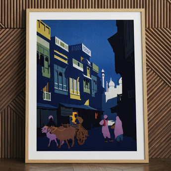 A Street by Moonlight - Visit India 1920s Art Print / Canvas Wooden Framed Artwork Vibrant Street Scene Illustration Colorful Visit India