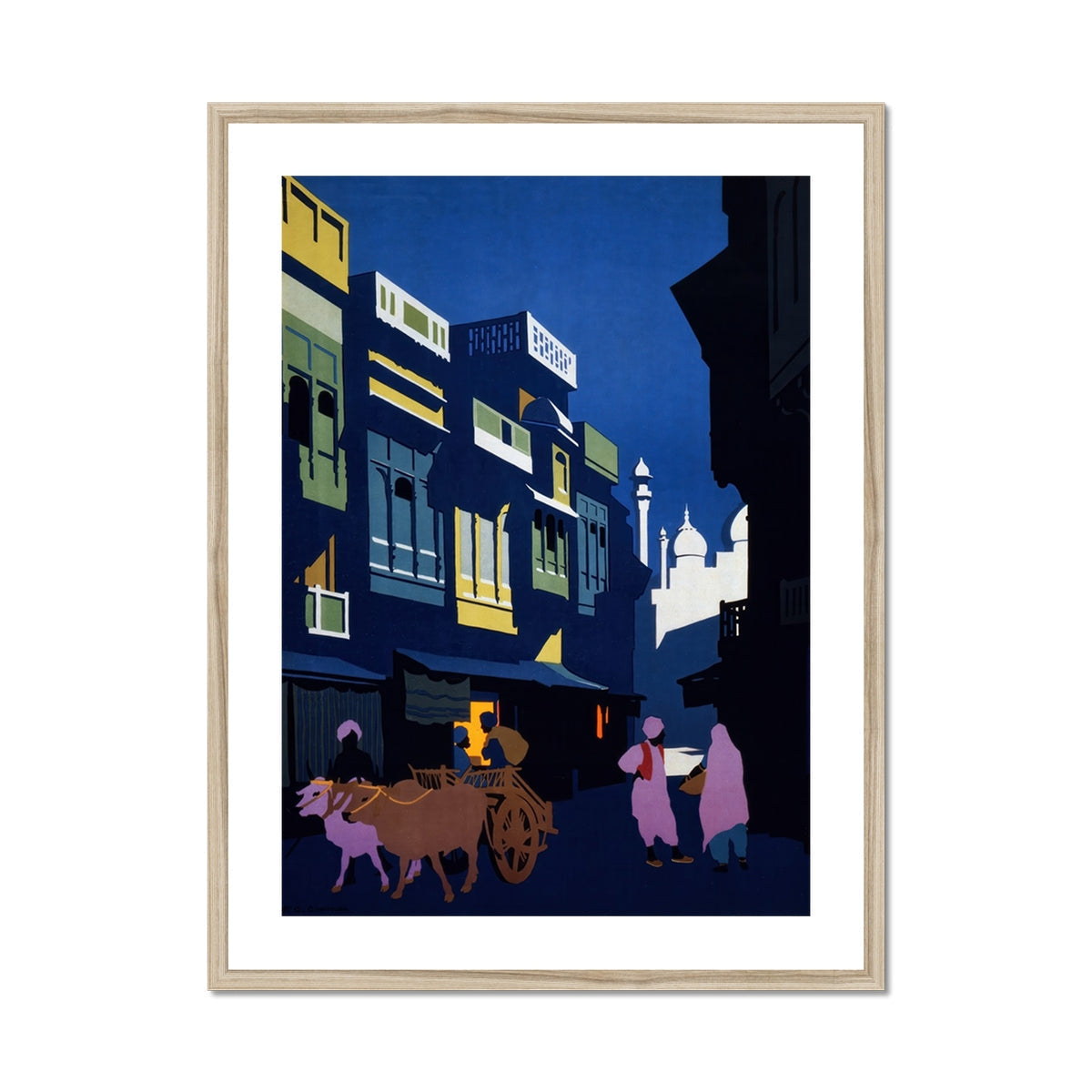A Street by Moonlight - Visit India 1920s Art Print, Framed Street Scene Painting