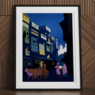 A Street by Moonlight - Visit India 1920s Art Print, Framed Street Scene Painting