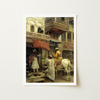 Street Scene in India - Edwin Lord Weeks Art Print / Canvas Framed Classical Painting Ornate Indian, Turmeric-gold Halts Beneath Carved