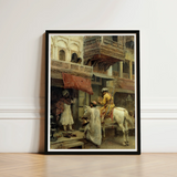 Black-framed Art Print Historical Scene Figures Traditional Attire Edwin Lord Weeks, Turmeric-gold Halts Beneath Carved Stone, Ivory Horse