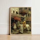 Framed Painting Historical Street Scene Figures Traditional Attire Edwin Lord Weeks Art Print, Turmeric-gold Halts Beneath Carved Stone,