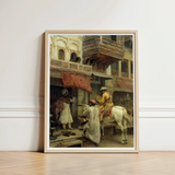 Framed Art Print Historical Scene Figures Traditional Attire Edwin Lord Weeks, Turmeric-gold Halts Beneath Carved Stone, Ivory Horse Silent