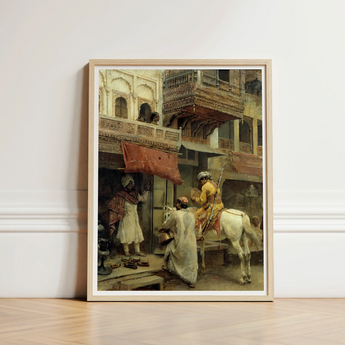 Framed Art Print Historical Scene Figures Traditional Attire Edwin Lord Weeks, Turmeric-gold Halts Beneath Carved Stone, Ivory Horse Silent