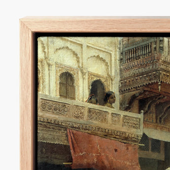 Wooden-framed Canvas Print Ornate Indian Palace Scene Edwin Lord Weeks Art, Turmeric-gold Halts Beneath Carved Stone, Ivory Horse Silent