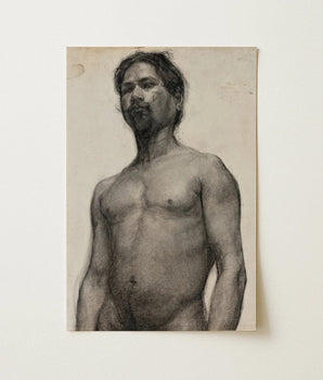 Detailed Charcoal Sketch Bearded Man Tousled Hair Rendered Tanner’s Strokes, Figure Emerges, Shoulders Squared