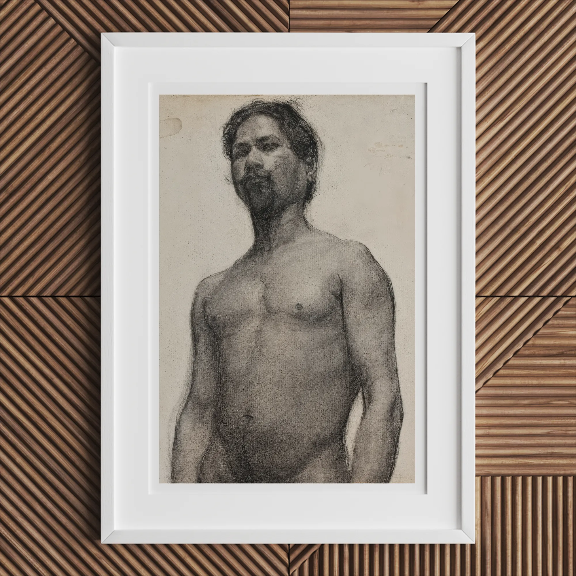 Study of a Black Man Henry Ossawa Tanner Art Print, Charcoal Nude Man White Frame