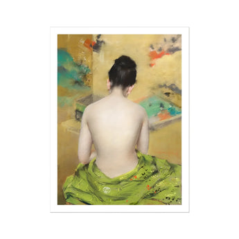 Study of Flesh and Gold - William Merritt Chase Art Print, 24x32’’ / 61x81cm / Unframed, View Nude Woman Dark Hair Partially Draped Green