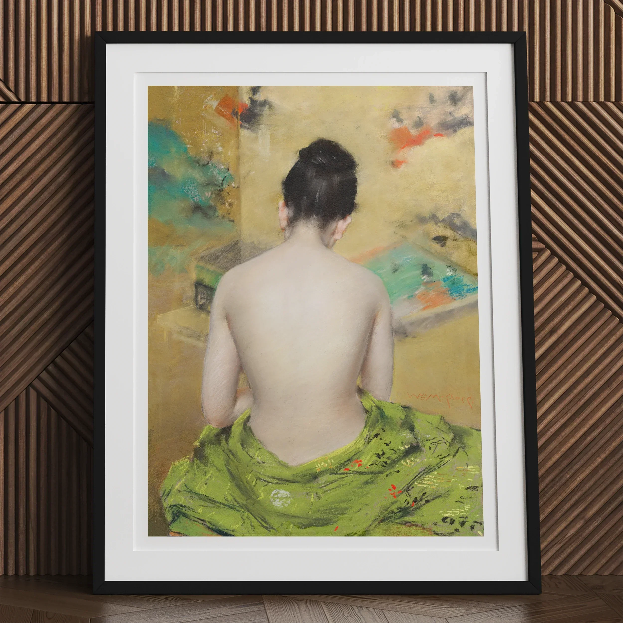 Study of Flesh and Gold - William Merritt Chase Art Print, Framed Painting Person’s Bare Draped Green Fabric