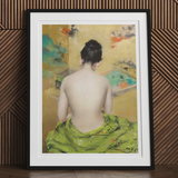 Study of Flesh and Gold - William Merritt Chase Art Print, Framed Painting Person’s Bare Draped Green Fabric