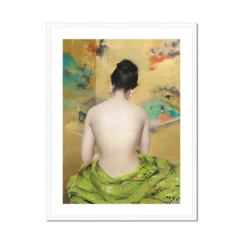 Study of Flesh and Gold - William Merritt Chase Art Print, View Figure Draped Green Patterned Fabric Decorative Gold