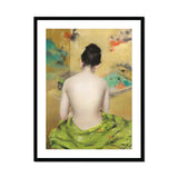 Study of Flesh and Gold - William Merritt Chase Art Print, View Nude Figure Draped Green Patterned Fabric Decorative