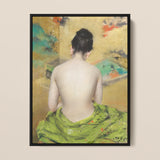 Study of Flesh and Gold - William Merritt Chase Framed Canvas, Painting Person’s Bare Draped Green Fabric Colorful Background