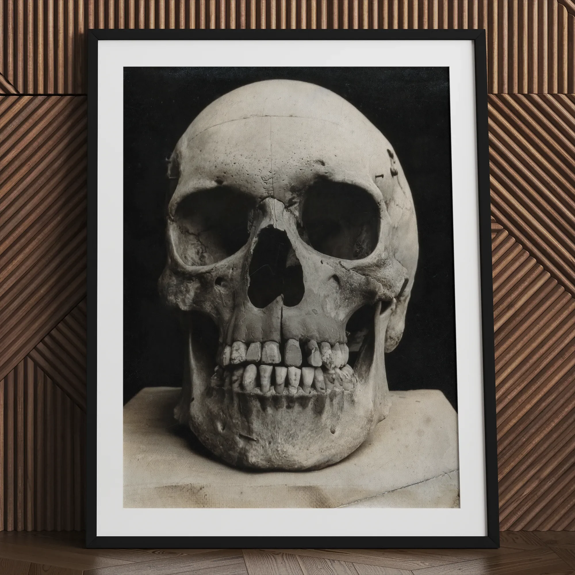 Study of a Human Skull Art Print, 24x32’’ / 61x81cm / Black Frame / 2’’ Matboard, Framed Black White Photograph Human Skull