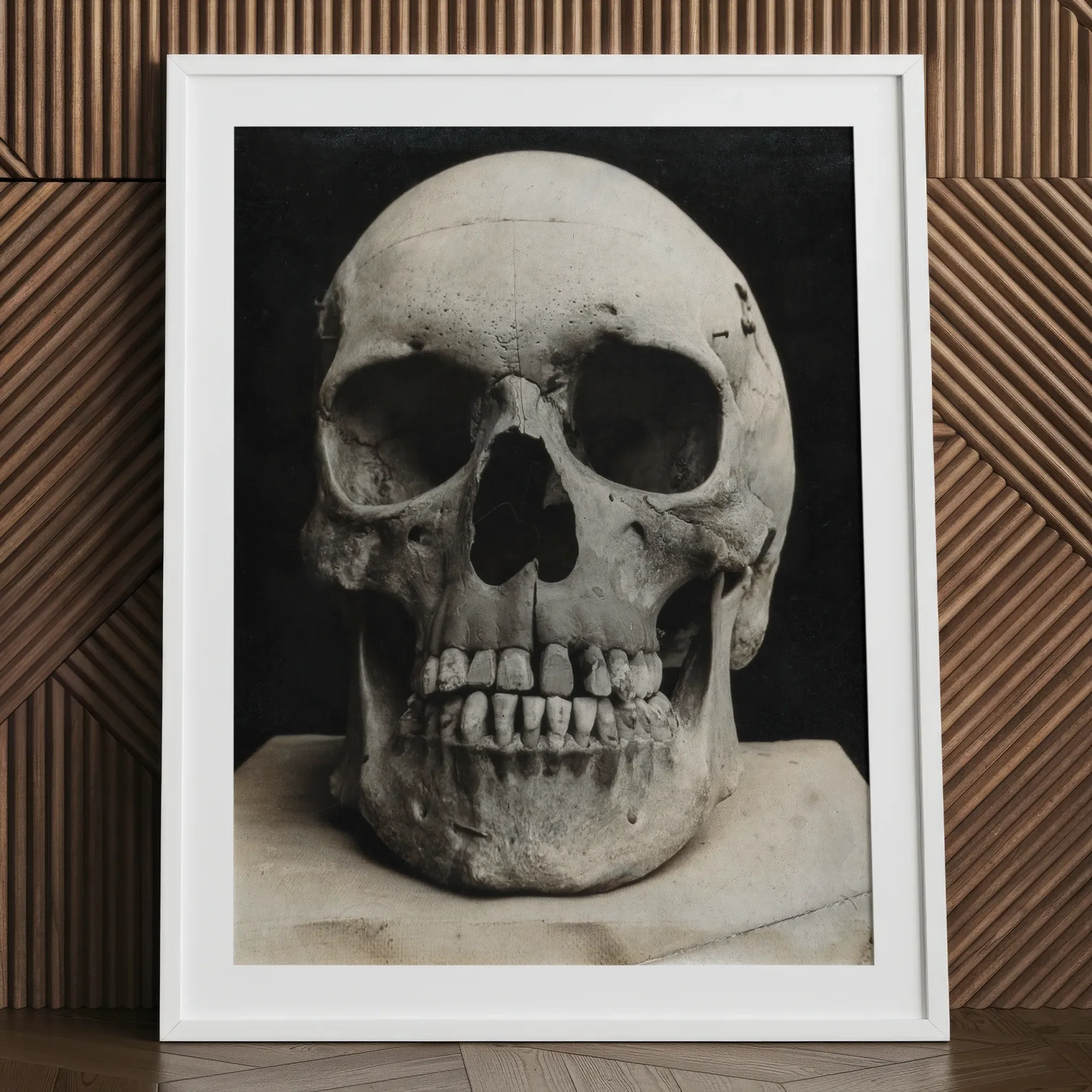 Study of a Human Skull Art Print, 24x32’’ / 61x81cm / White Frame / 2’’ Matboard, Framed Black White Human Skull Print