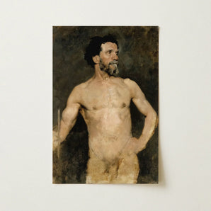 Study of a Male Model - Albert Edelfelt Fine Art Print / Canvas Classical Oil Painting Portrait Muscular Bearded Man Dark Parisian, Ochre