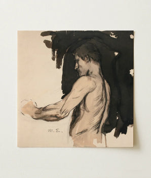 Square-framed Watercolor Sketch Muscular Man Profile Rendered Soft Magnus Enckell, Naked, Reaches, Finnish Symbolist Generation,