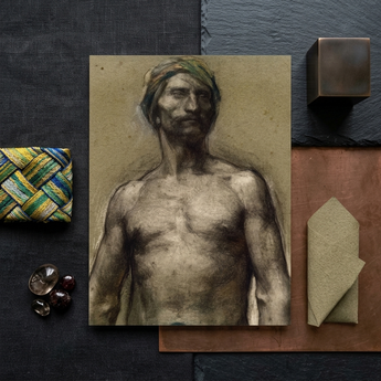 Study of Naked Man at the Turban - Georges Desvallieres Art Print / Canvas Detailed Charcoal Sketch Rendered Textured Beige Torso Emerging,