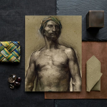 Study of Naked Man at the Turban - Georges Desvallieres Art Print / Canvas Detailed Charcoal Sketch Rendered Textured Beige Torso Emerging,