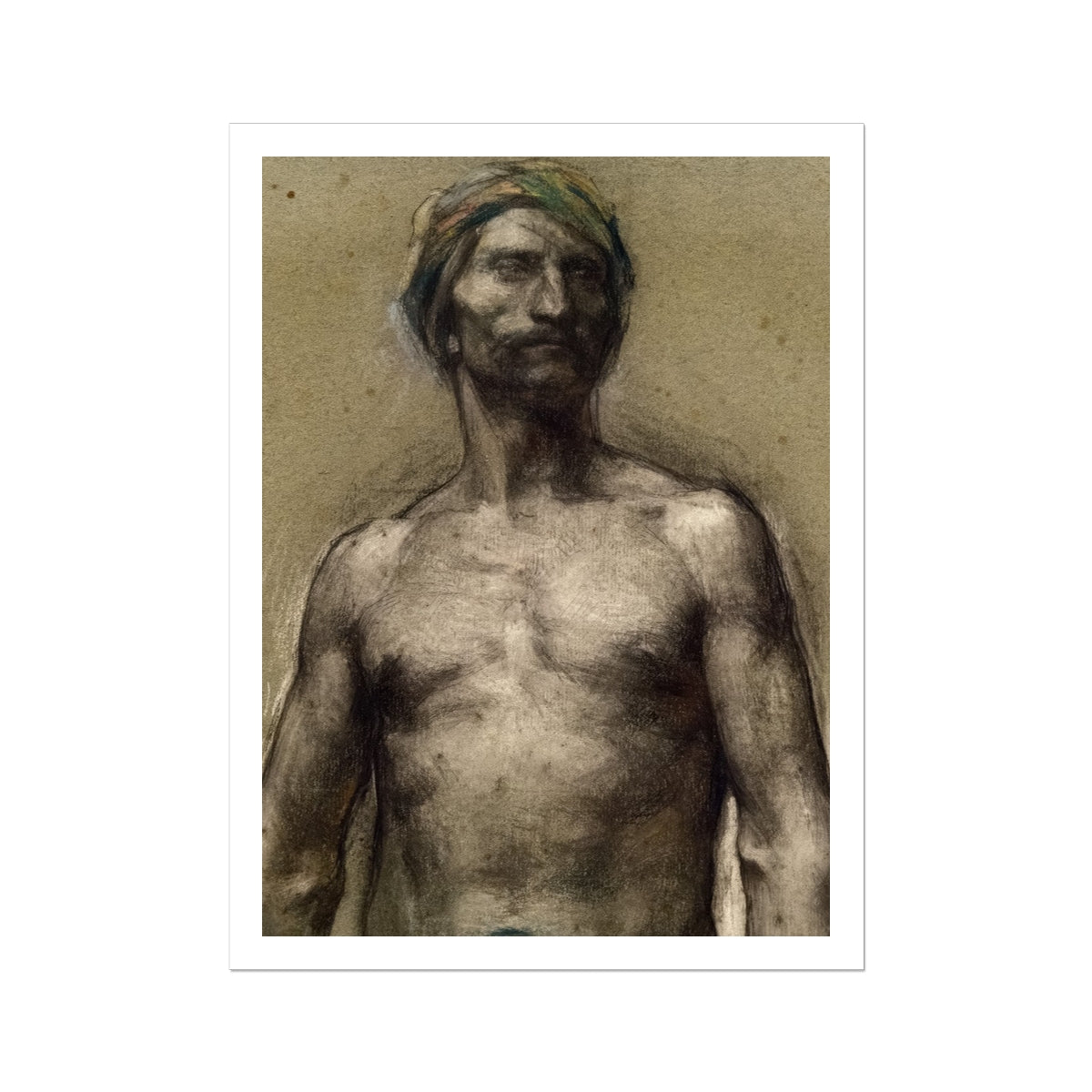 Study of Naked Man at the Turban Georges Desvallieres Art Print, Charcoal Portrait Bare Chested Man Turban
