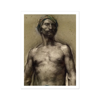 Study of Naked Man at the Turban - Georges Desvallieres Art Print, Charcoal Portrait Bare-chested Man Turban