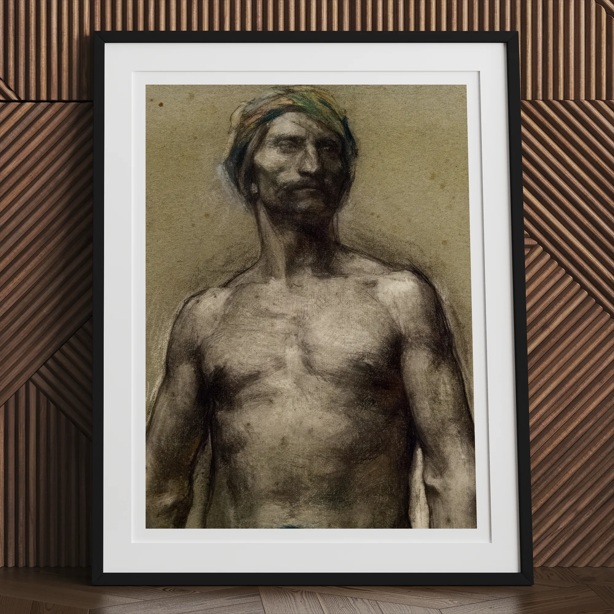 Study of Naked Man at the Turban Georges Desvallieres Art Print, Framed Artwork Shirtless Man Head