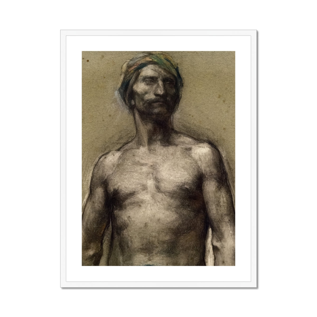 Study of Naked Man at the Turban Georges Desvallieres Art Print, Framed Dark Impressionistic Painting Man Mustache Head Depicted