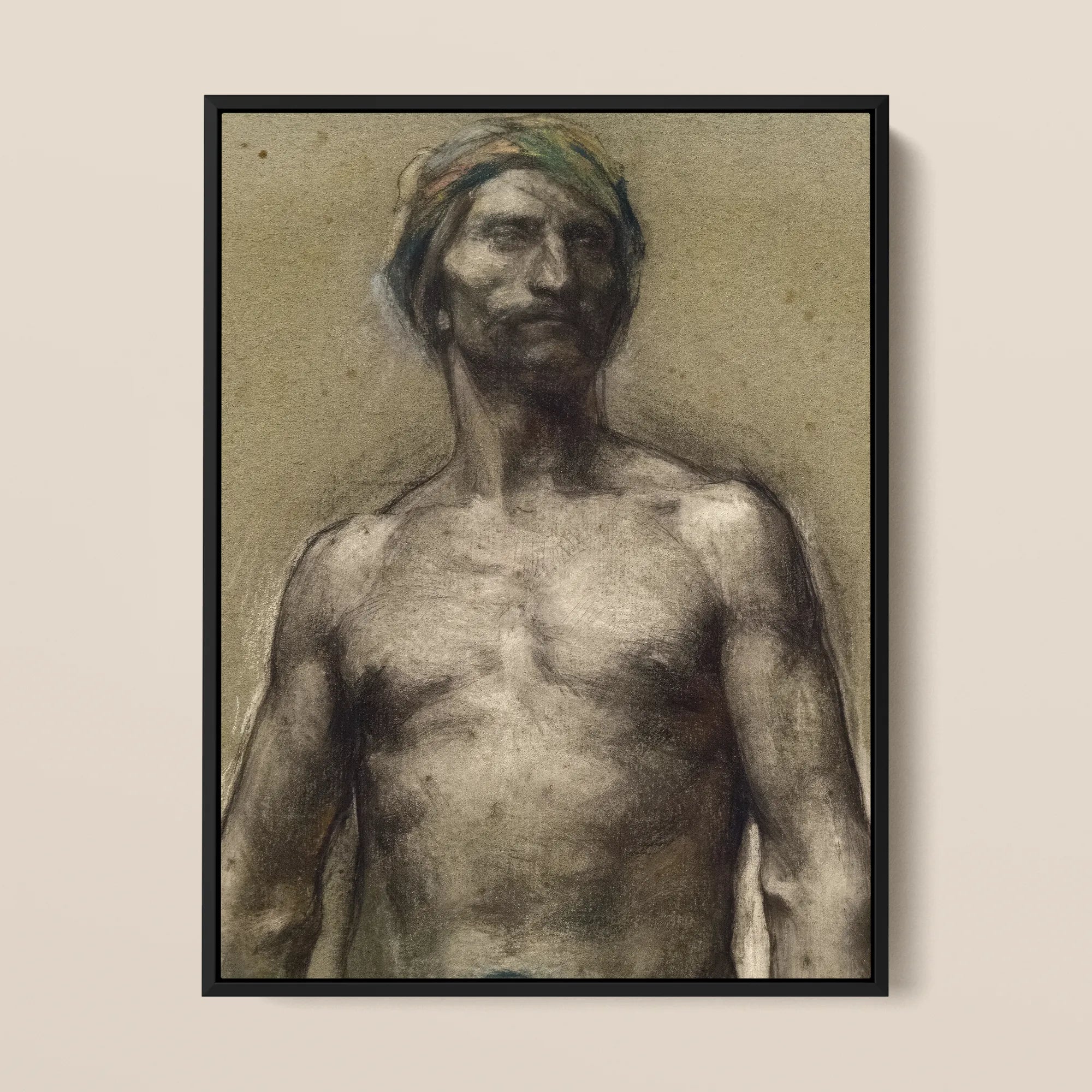 Study of Naked Man at the Turban Georges Desvallieres Framed Canvas, Framed Charcoal Shirtless Man Head