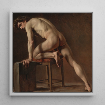 Estudio de un hombre desnudo - Lámina artística de Gustave Courbet / Lienzo, 12x12’’ / 31x31cm / Marco blanco, pósters, impresiones y obra visual, Toby Leon