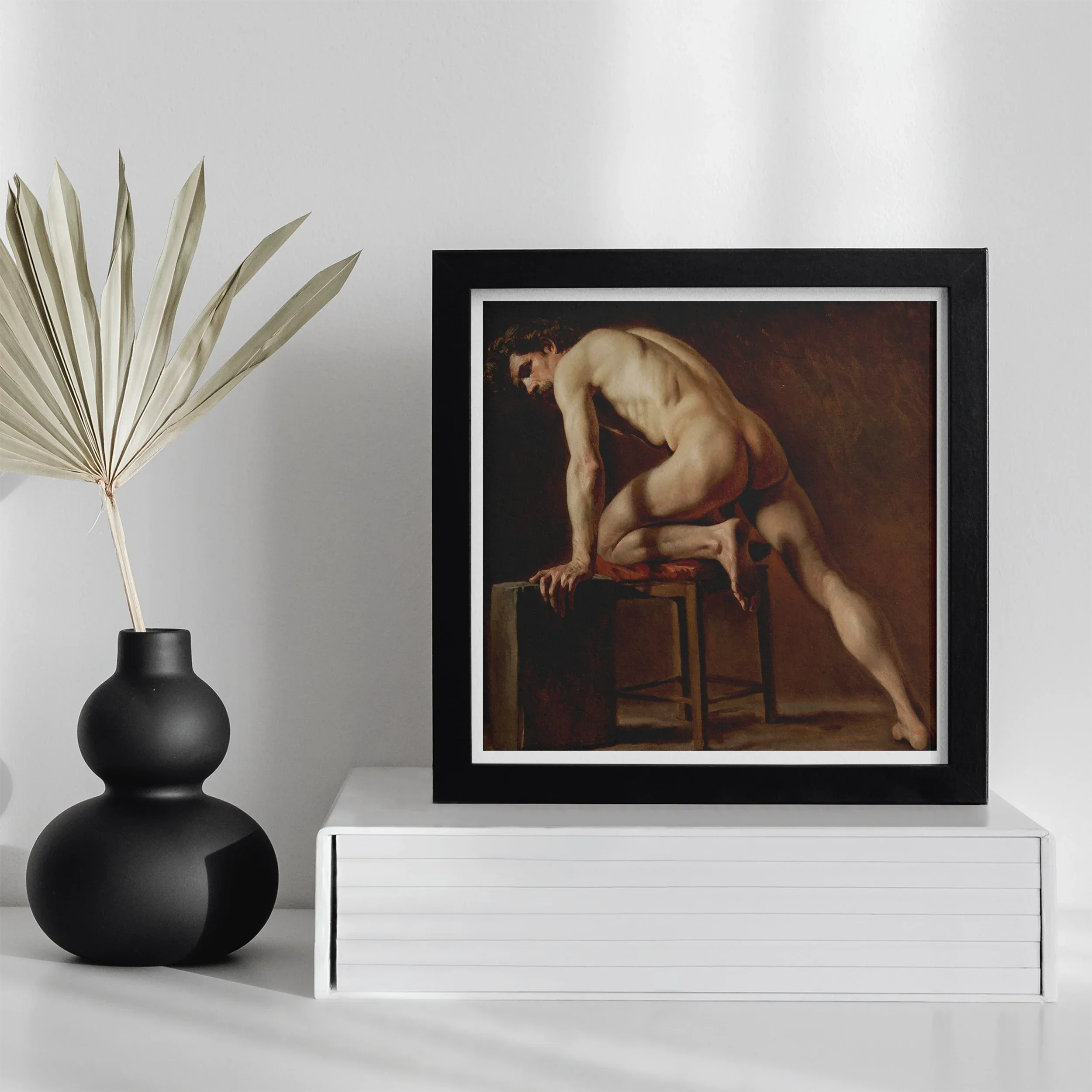 Study of a Nude Man Gustave Courbet Art Print, Framed Painting Nude Male Figure Seated Wooden Stool