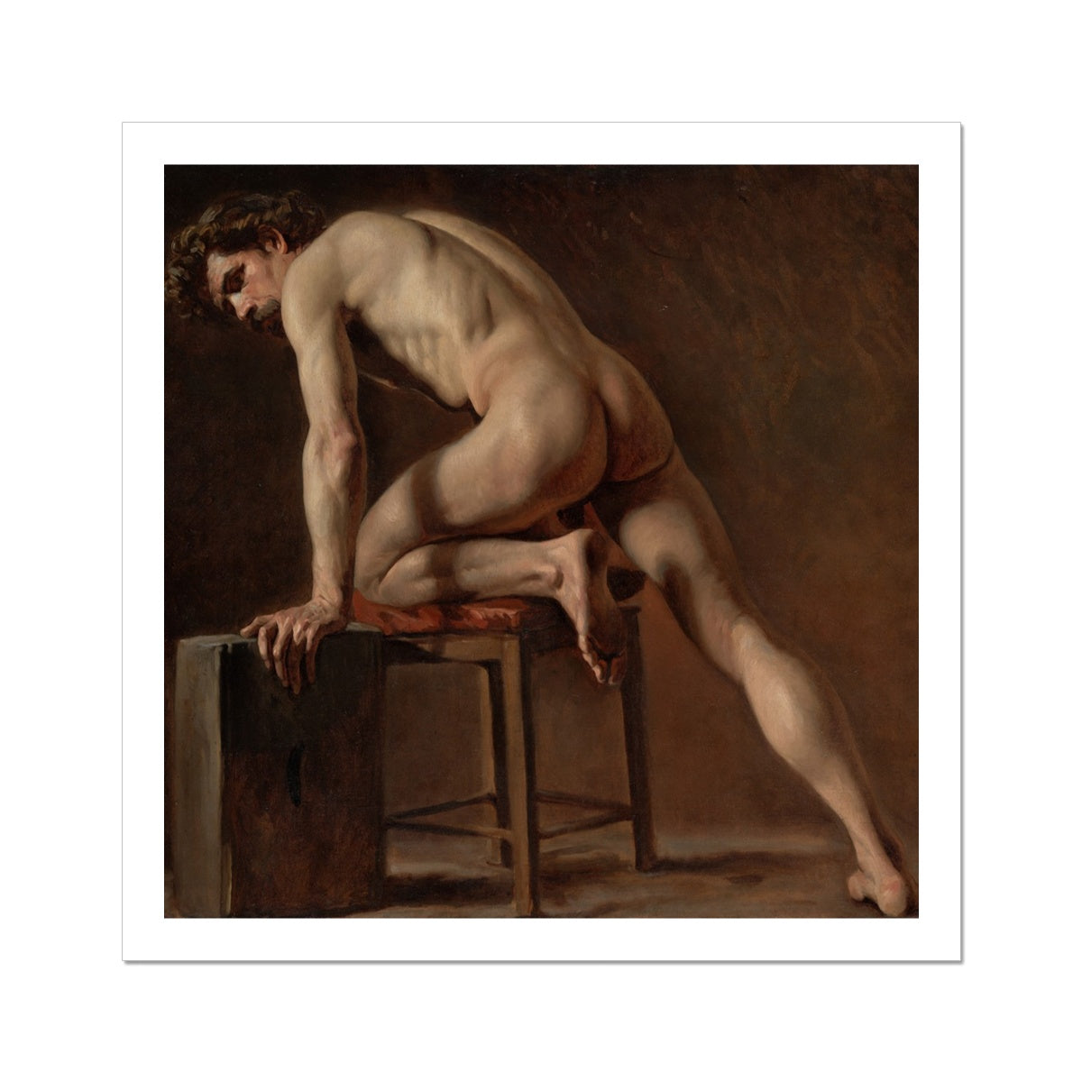 Study of a Nude Man Gustave Courbet Art Print, Nude Male Figure Dynamic Pose Wooden Chair