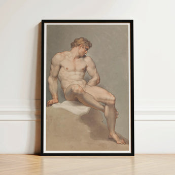 Study of a Male Nude - Edward Francis Burney Art Print / Canvas Framed Classical Painting Muscular Figure Seated, Erotic Monolith, Fine