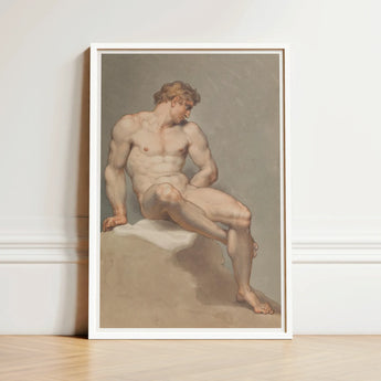 Study of a Male Nude - Edward Francis Burney Art Print / Canvas Framed Classical Painting Muscular Figure Seated, Erotic Monolith, Fine
