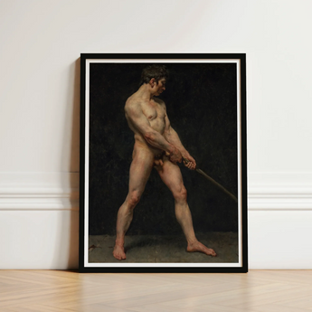 Study of a Nude Man - Follower Pierre Narcisse Guerin Art Print / Canvas Black-framed Muscular Male Figure Sword Striking, Raw Masculinity,