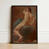 Framed Classical Painting Nude Male Figure Dynamic Pose Seated, Seizes, Italian Baroque Body, Mid-coil, Anatomical Draftsmanship Hardens,