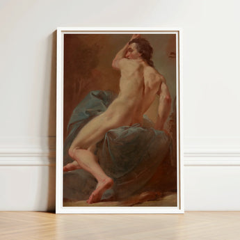 Framed Classical Painting Nude Male Figure Dynamic Pose Seated, Seizes, Italian Baroque Body, Mid-coil, Anatomical Draftsmanship Hardens,