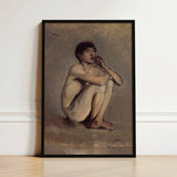 Study of a Seated Nude Young Man - Laszlo Mednyanszky Art Print / Canvas Framed Painting Male Figure Pose Rendered, László Mednyánszky’s,