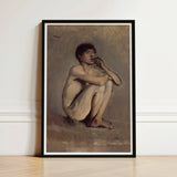 Study of a Seated Nude Young Man - Laszlo Mednyanszky Art Print / Canvas Black-framed Male Figure Earthy Tones, László Mednyánszky’s,