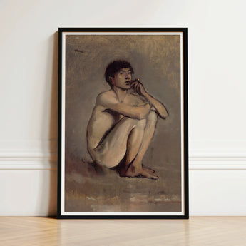 Study of a Seated Nude Young Man - Laszlo Mednyanszky Art Print / Canvas Black-framed Male Figure Earthy Tones, László Mednyánszky’s,