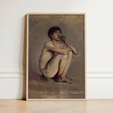 Study of a Seated Nude Young Man - Laszlo Mednyanszky Art Print / Canvas Framed Painting Male Figure Pose Rendered, László Mednyánszky’s,