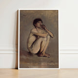 Study of a Seated Nude Young Man - Laszlo Mednyanszky Art Print / Canvas Framed Painting Figure Dark Hair Contemplative, László