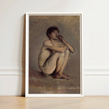 Study of a Seated Nude Young Man - Laszlo Mednyanszky Art Print / Canvas Framed Painting White Frame Male Figure Knees, László