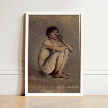 Study of a Seated Nude Young Man - Laszlo Mednyanszky Art Print / Canvas Framed Painting White Frame Male Figure Knees, László