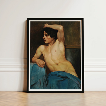Study of a Semi Nude Male - Edouard Joseph Dantan Art Print / Canvas Framed Classical Painting Figure Dark Hair, Set, Umber Wall Prints